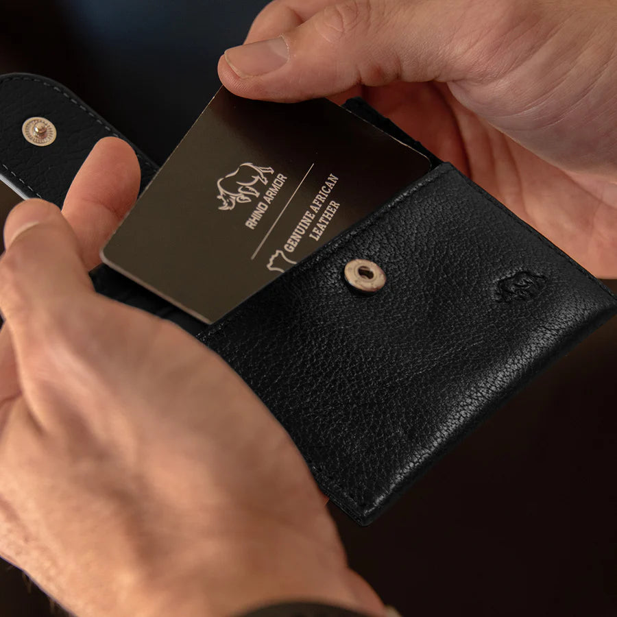 Genuine African Leather ; Gloss Black Wallet with Clip Closure