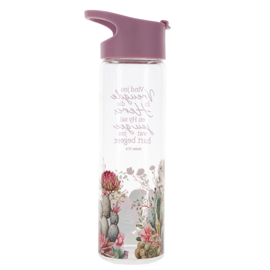 Vind Jou Vreugde in die Here en Hy Sal Jou Gee Wat Jou Hart Begeer Afrikaans Glass Water Bottle