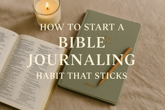 Flat-lay of Bible journaling quiet time with soft pink Neriah-style journal, pen and Bible.
