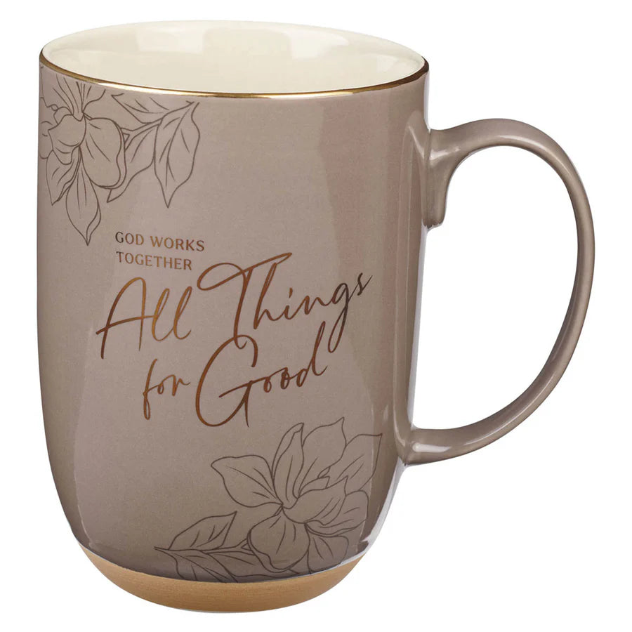 God Works All Things for Good Mug | Taupe Ceramic with Romans 8:28