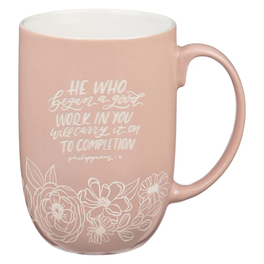 He Who Began a Good Work Mug | Peach Ceramic with Philippians 1:6
