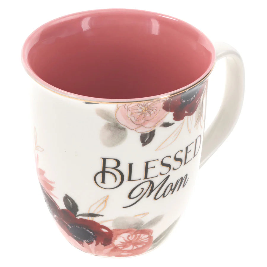 Blessed Mom Ceramic Mug | Pink Floral with Gold Accents