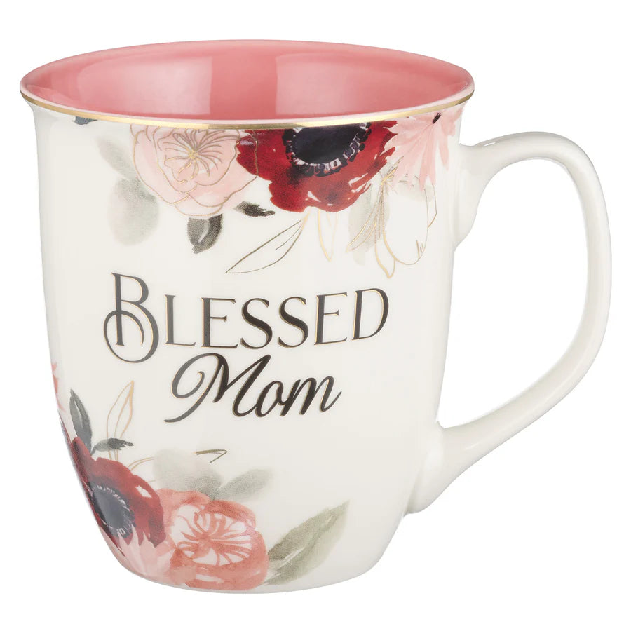 Blessed Mom Ceramic Mug | Pink Floral with Gold Accents