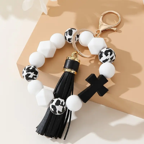 Neriah's Light – Silicon Keyring; Cross & Tassel in Black and White