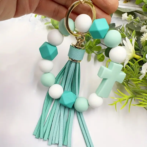 Neriah's Light – Green Silicon Keyring; Cross & Tassel Faith Accessory