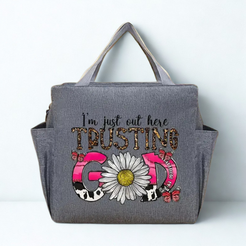 Just Out Here Trusting GOD Tote | Grey Faith-Inspired Bag