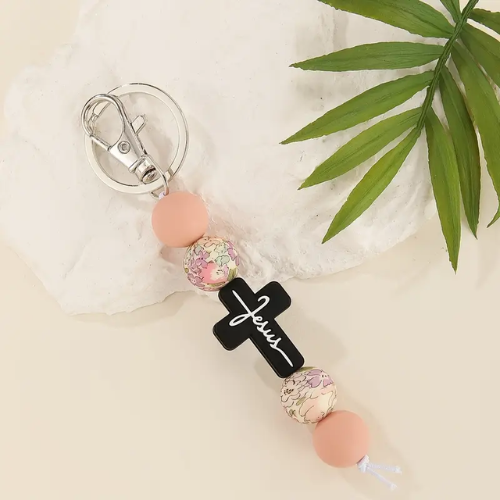 Neriah's Light; Pink & Black Silicone Keyring; Cross & Tassel