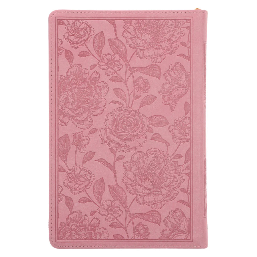 NLV Standaard Bybel | Pienk Blomme Kunsleer met Ritssluiter & Duimgrepe