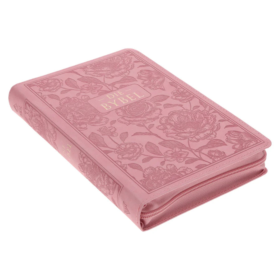 NLV Standaard Bybel | Pienk Blomme Kunsleer met Ritssluiter & Duimgrepe