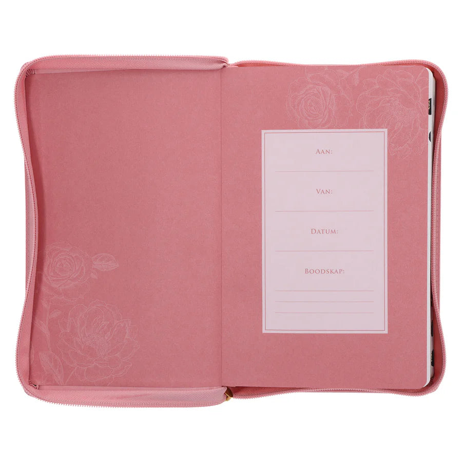 NLV Standaard Bybel | Pienk Blomme Kunsleer met Ritssluiter & Duimgrepe