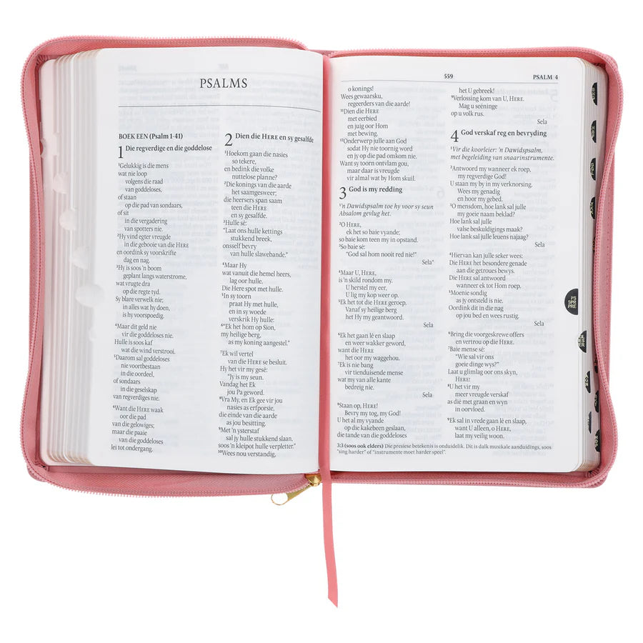NLV Standaard Bybel | Pienk Blomme Kunsleer met Ritssluiter & Duimgrepe