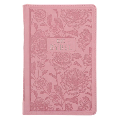 NLV Standaard Bybel | Pienk Blomme Kunsleer met Ritssluiter & Duimgrepe