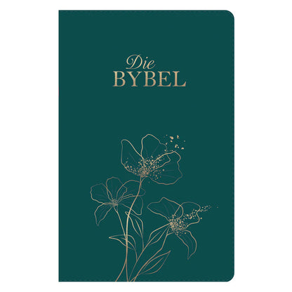 NLV Standaard Bybel | Olyfgroen Kunsleer met Goue Blomme & Duimgrepe