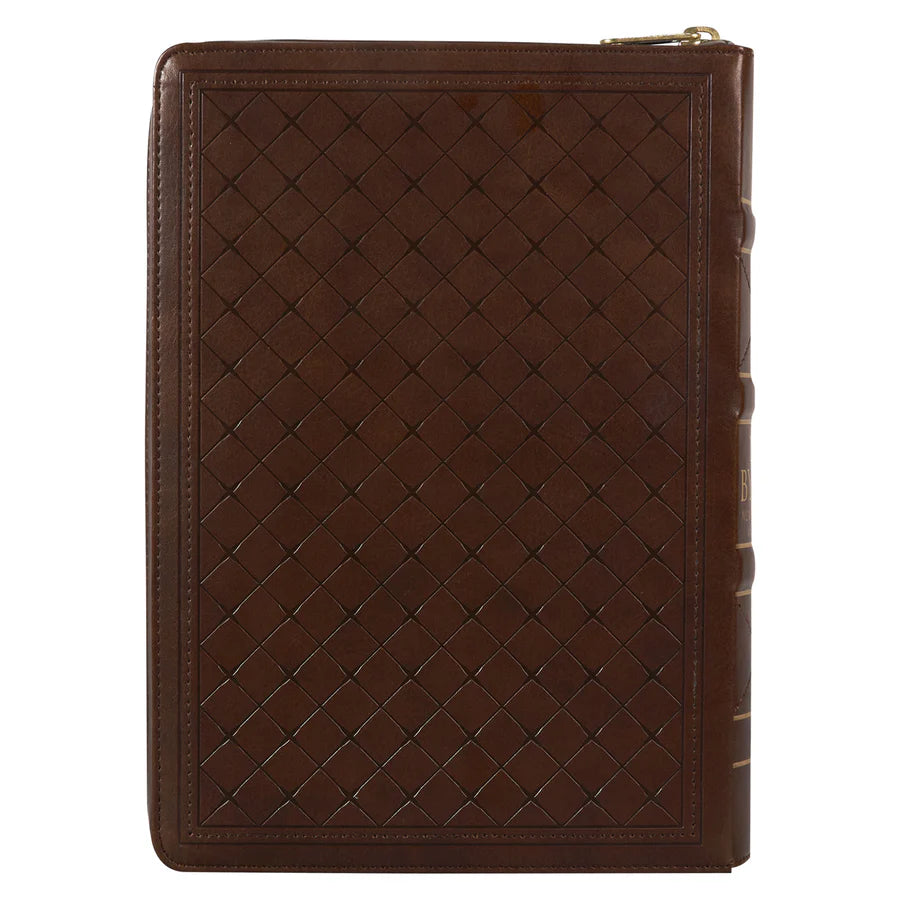 NLV Grootdruk Bybel | Neutbruin Kunsleer met Ritssluiter & Duimgrepe