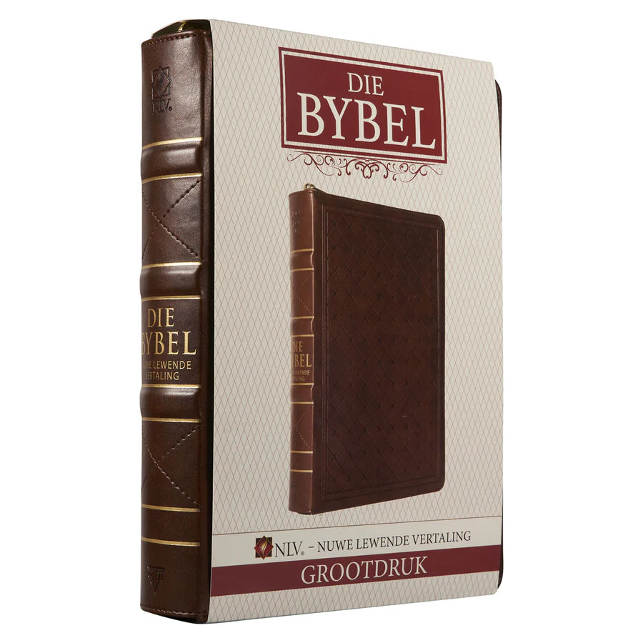 NLV Grootdruk Bybel | Neutbruin Kunsleer met Ritssluiter & Duimgrepe