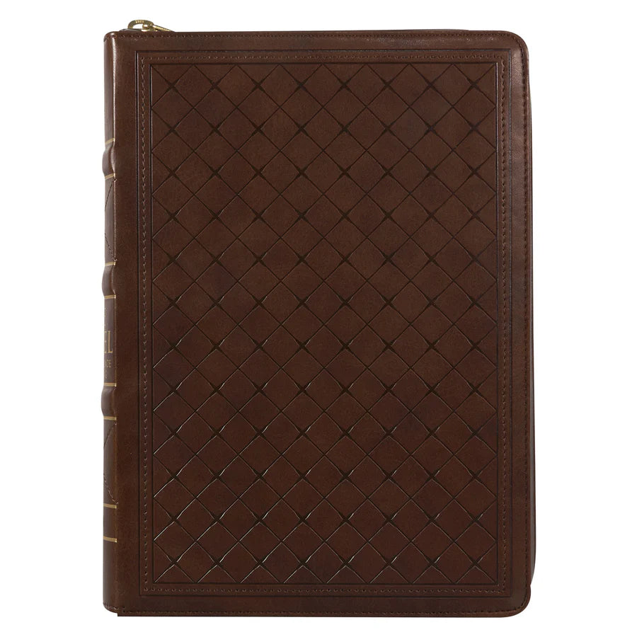 NLV Grootdruk Bybel | Neutbruin Kunsleer met Ritssluiter & Duimgrepe