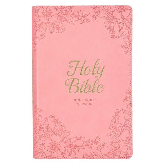 KJV Pink Floral Faux Leather Flexcover Deluxe Gift Bible With Zip
