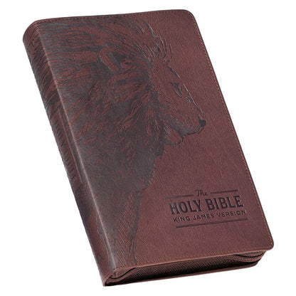 KJV Brown Lion Faux Leather Flexcover Deluxe Gift Bible With Zip
