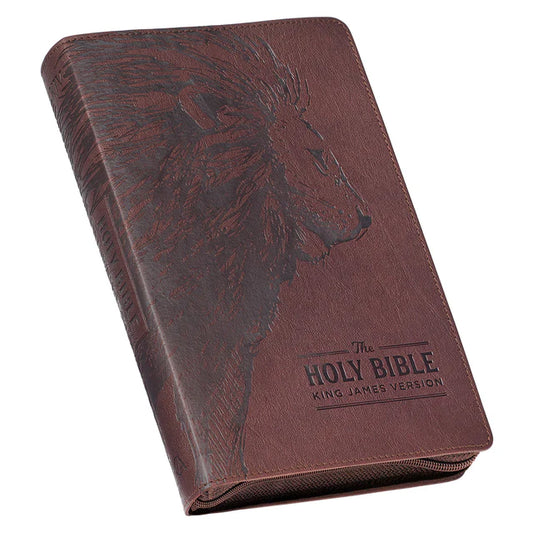 KJV Brown Lion Faux Leather Flexcover Deluxe Gift Bible With Zip
