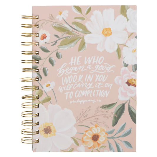 He Who Began a Good Work in You Will in You Beige Floral Hardcover Wirebound Journal