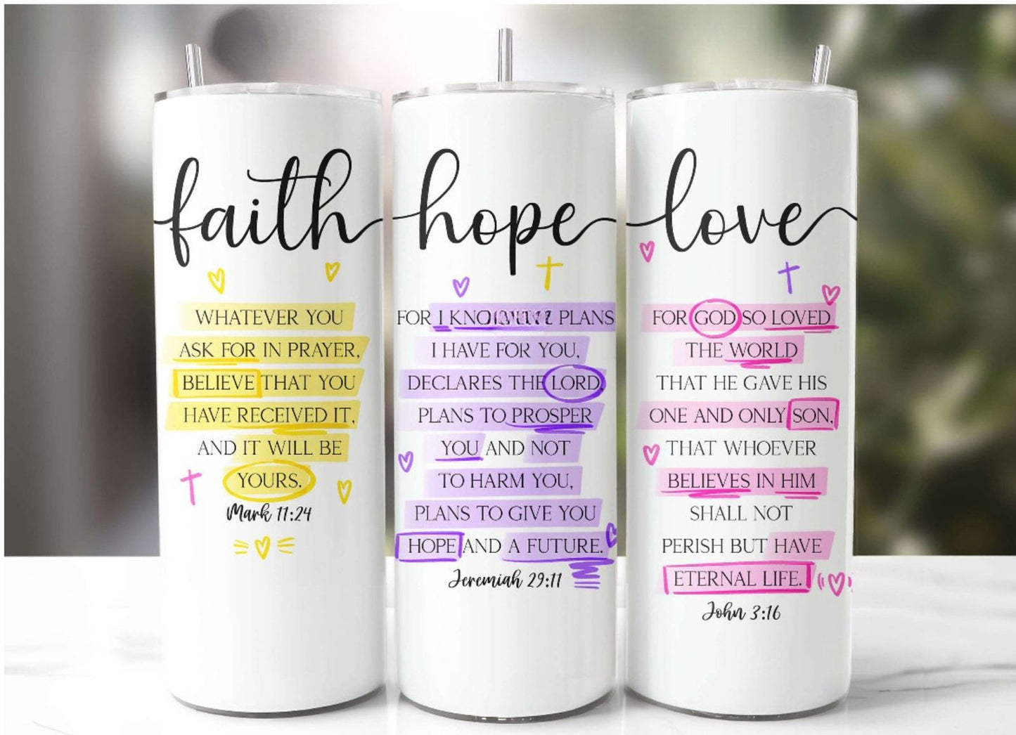 Faith. Hope. Love Artistic Tumbler | Reusable Christian Drinkware