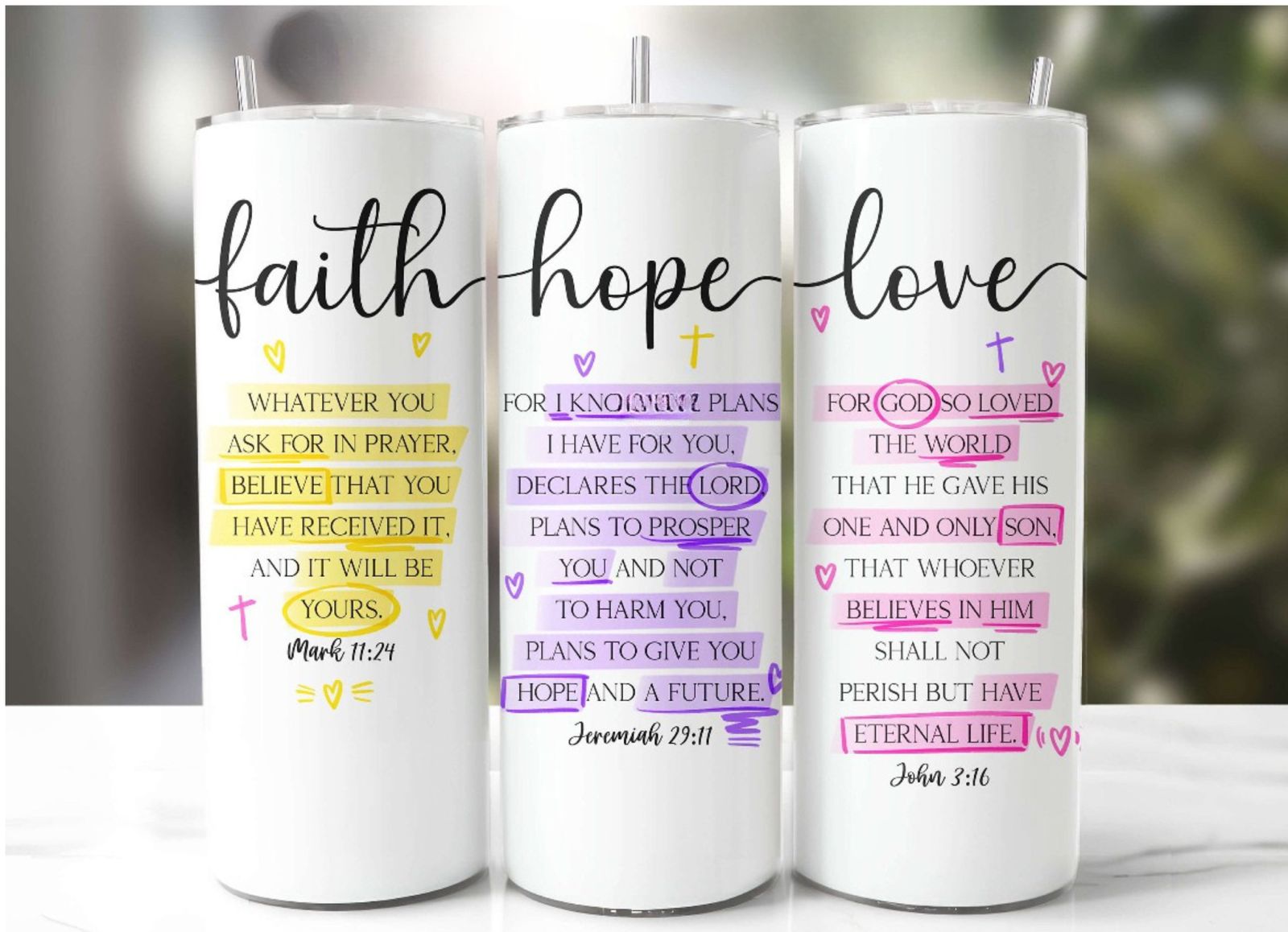 Faith. Hope. Love Artistic Tumbler | Reusable Christian Drinkware