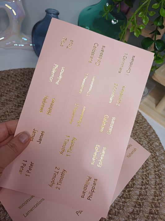 Bible Index Tabs - Pink with Gold Lettering