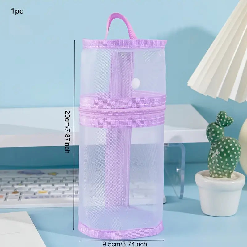 Mesh Round Stand-up Pencil Bag with handle