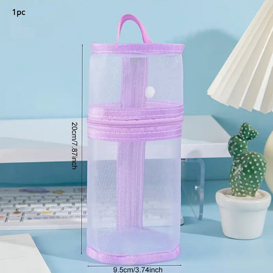 Mesh Round Stand-up Pencil Bag with handle